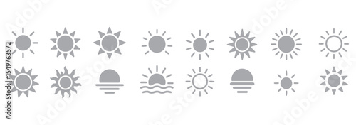 Sun icon set. Yellow sun star icons collection. Summer, sunlight, nature, sky. Vector illustration isolated on white background.