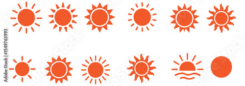 Sun icon set. Yellow sun star icons collection. Summer, sunlight, nature, sky. Vector illustration isolated on white background.
