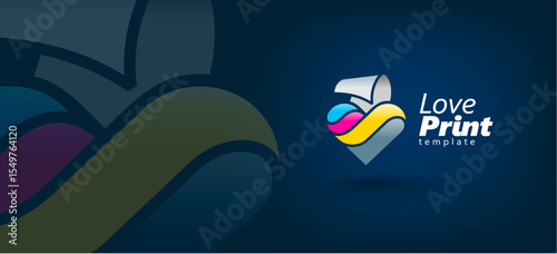 Logo Love Print theme. Cmyk Heart and Paper Printing. Template design vector. Black background