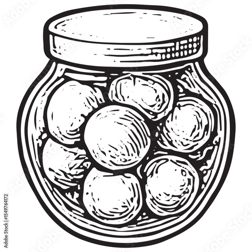 Black-and-white hand-drawn sketch of preserved eggs in a glass jar, featuring a rustic, vintage style perfect for organic food packaging, kitchen decor, or culinary preservation designs