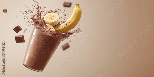 Floating chocolate banana smoothie with cocoa powder splashes on a warm beige background