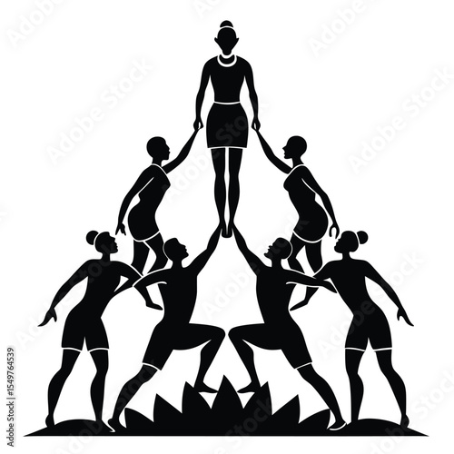 Black Silhouette Women Teamwork Lifting Woman Up Lotus Base vector