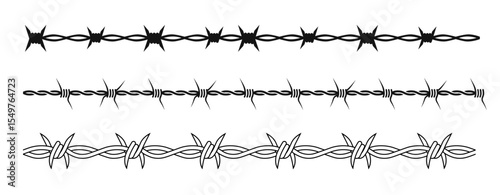 Wire strands with barbed elements create lines emphasizing security, danger, and protective defense.