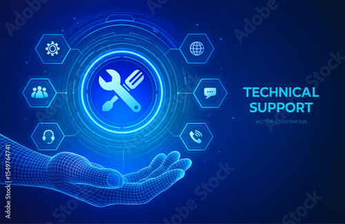 A digital hand offers technical support solutions with glowing icons representing troubleshooting tools and customer service assistance for online help.