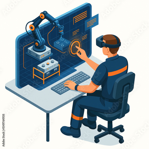 Virtual Reality Engineer Designing Robotic Automation System using Advanced Software and VR Headset