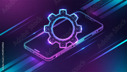 Mobile App Development Gear Smartphone Technology Abstract Design showcasing a glowing gear on a phone symbolizing software settings and mobile applications.