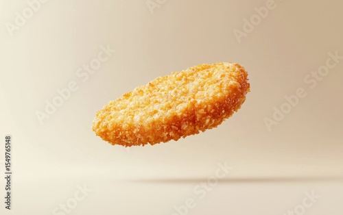 Floating golden-brown katsu cutlet with crispy breadcrumbs on a pastel beige background