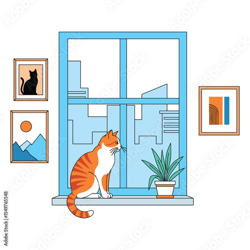 Cat Sitting on Window Sill Gazing Outside