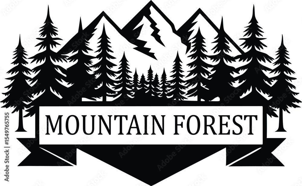 Obraz premium Mountain Forest Silhouette Logo Design, Pine Tree Woodland Vector Art, Nature Adventure Emblem with Trees and Peaks.