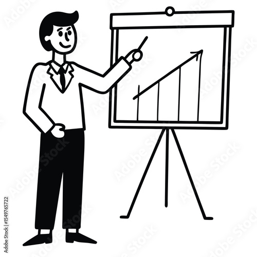Businessman Presenting Upward Trending Graph on Flip Chart White Background Black Outline