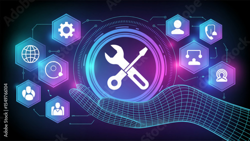 A digital hand gently cradles a glowing tech support icon featuring tools representing technical assistance, global network support, and efficient problem-solving.