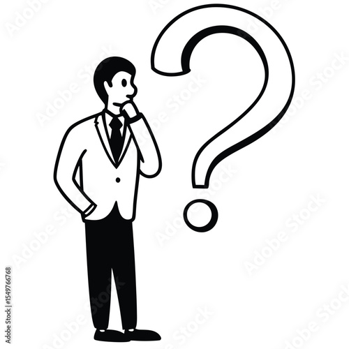 Businessman Thinking Pondering Question Mark Black White Illustration Simple Design