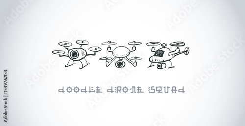 Childlike rough vector doodles of three various flying drones on white background