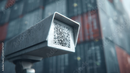 QR code scanner mounted pole industrial or shipping environment with stacked containers background, symbolizing digital