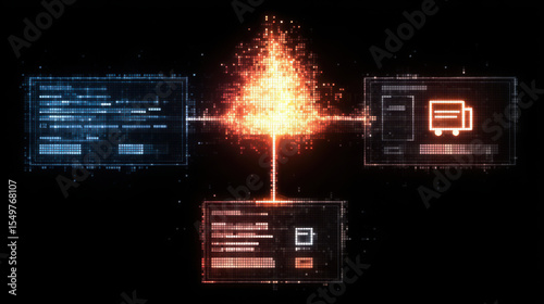 Digital data visualization of interconnected screens with code, graphs, and icons representing technology, data processing