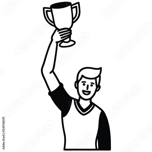 Happy Man Raising Winning Trophy Black White Illustration Line Art Graphic Design