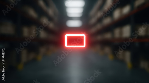 Blurred image of warehouse aisle with shelves filled with boxes, illuminated by red neon rectangular sign end of aisle