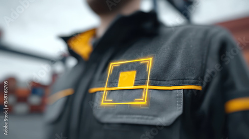 Image shows person wearing dark uniform with yellow and black badge or logo chest pocket, with blurred background suggesting