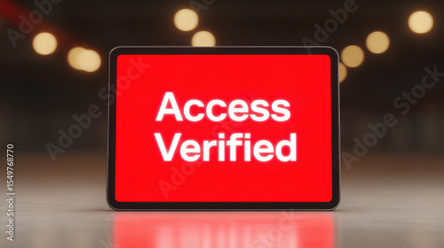 Digital tablet displaying red screen with text Access Verified white, illuminated dim environment with blurred lights