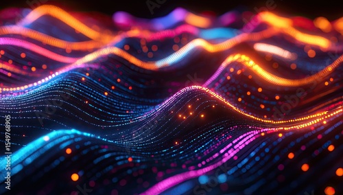 Abstract wavy, colorful digital landscape of interconnected particles