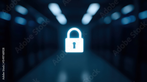 Digital lock icon glowing dark server room with blurred server racks background, symbolizing cybersecurity and data protection