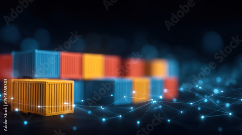 Image shows collection of colorful shipping containers with digital network overlay, symbolizing global logistics