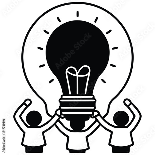 Three figures lifting a large black lightbulb idea symbol teamwork concept illustration