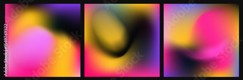 Vector illustration of abstract blurred square backgrounds in vibrant pink, yellow, purple, and black with smooth gradients, reflecting the current “vivid blur” or vibrant gradient trend.