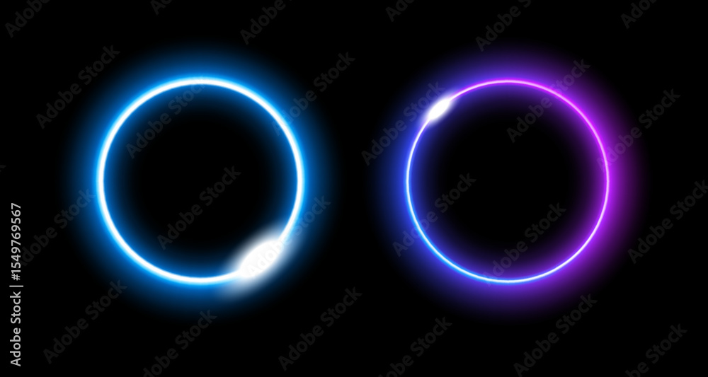 Naklejka premium Two neon circles glow with bright blue and purple lights, reflecting energy in a modern tech style.