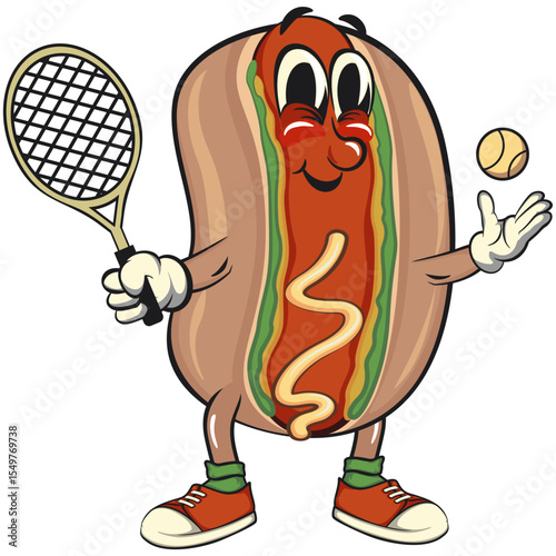 cute hot dog mascot cartoon vector illustration playing tennis, funny fast food character isolated on transparent background, work of hand drawn