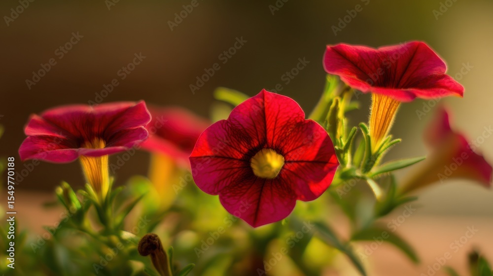 Obraz premium Vibrant deep red petunia flowers in full bloom with intricate veining, bright yellow throats, and trumpet-shaped petals surrounded by soft green leaves and stems.