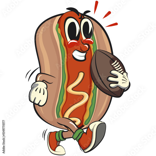 cute hot dog mascot cartoon vector illustration playing rugby or american football, funny fast food character isolated on transparent background, work of hand drawn
