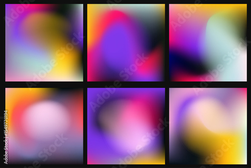 Vector illustration of abstract blurred square backgrounds in vibrant pink, yellow, purple, and black with smooth gradients, reflecting the current “vivid blur” or vibrant gradient trend.