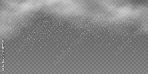 Realistic fog effect with heavy rain on a transparent background. Misty clouds and raindrops for dramatic stormy weather scene. Template for seasonal illustrations or atmospheric overlays. Vector.