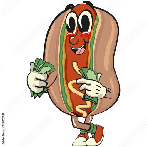 cute hot dog mascot cartoon vector illustration carrying money, funny fast food character isolated on transparent background, work of hand drawn