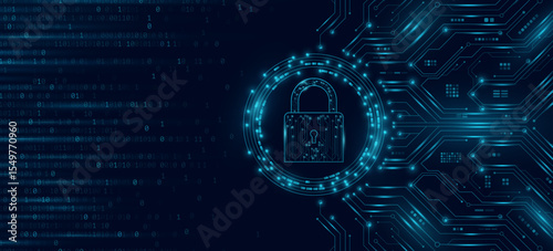 Cybersecurity background featuring a digital lock icon with glowing blue circuit board pattern and electronic elements. Futuristic UI design for data encryption and information security. Vector.