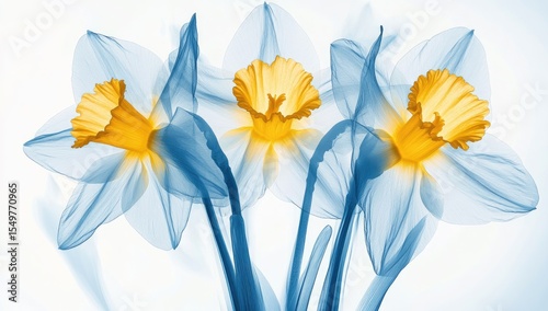 Translucent daffodils in soft blue-gray, yellow centers