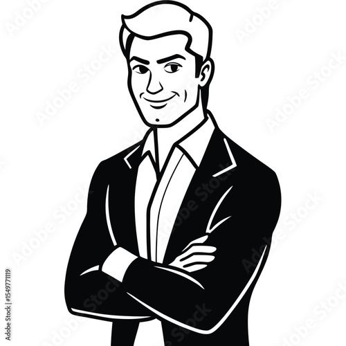 Black and White Illustration Confident Man Suit Arms Crossed Portrait vector
