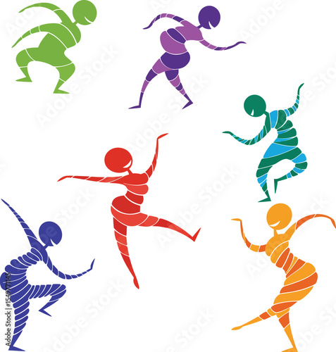 Illustration of colorful spiral dancing figures, isolated on white background