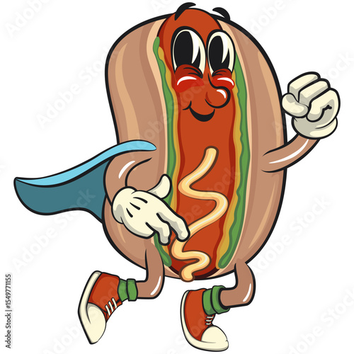 cute hot dog mascot cartoon vector illustration as flying superhero wearing a robe, funny fast food character isolated on transparent background, work of hand drawn