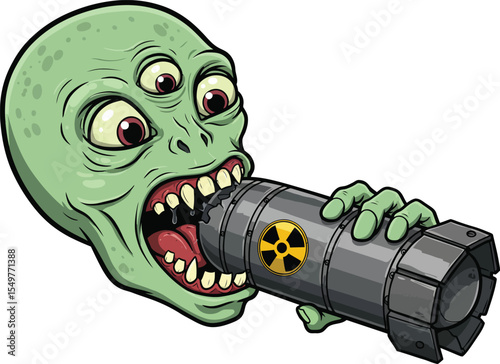 Digital illustration of a green alien with three eyes eating a nuclear bomb,  isolated on white background