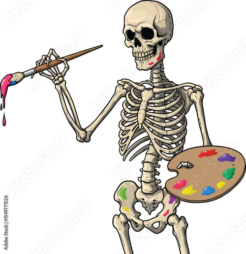 Digital illustration of a skeleton painter holding a brush and painter's palette, isolated on white background
