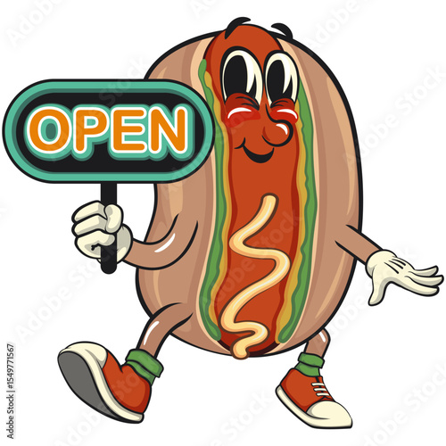 cute hot dog mascot cartoon vector illustration showing a sign that says open, funny fast food character isolated on transparent background, work of hand drawn