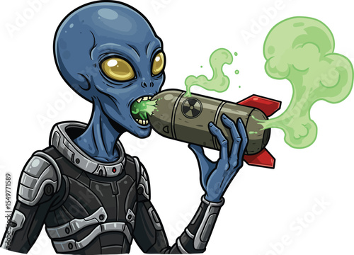 Digital illustration of a blue alien with dark costume eating a nuclear bomb, isolated on white background