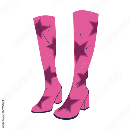 Lady disco leather stiletto shoes. Vector icon or clipart of woman footwear with high heels for clubbing, party, nightclub evening dancefloor, stage performance. Feminine dance retro wear. High boots.