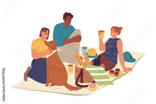 Family at nature or friends picnic outdoor. Vector people enjoy meal. Man and women, dog on blanket with food fruit and wine drink on fresh air. Summer holiday or festive celebration. Friendship.