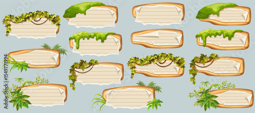 Wooden signboards with old paper, stems ivy, liana, grapes, vine, swamp moss, forest lichen. Set isolated wooden elements with blank, with school page in line, ragged graph paper. 