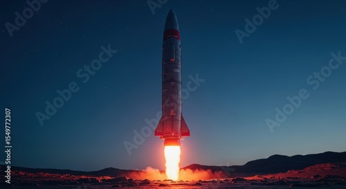 Massive futuristic rocket launching with powerful flames from a desolate alien landscape at twilight