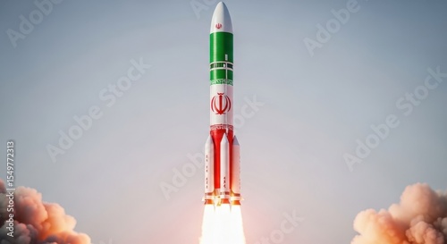 Iranian space rocket with national flag colors and emblem launching into the blue sky
