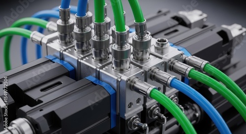 Detailed view of a modern industrial machine with green and blue pneumatic hoses